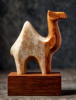 Handcrafted wooden camel sculpture with two-tone finish on wooden base against dark background, showcasing artisanal craftsmanship for home decor.