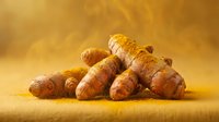 Fresh turmeric roots pile on golden background for cooking spices healthy nutrition organic ingredients culinary herbs natural medicine wellness.