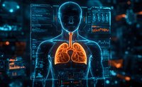 Digital medical interface showing glowing human lungs and torso with diagnostic data and vital signs on dark background with futuristic monitoring displays.