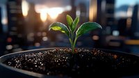 Young green plant seedling growing in dark soil with water droplets against blurred city lights background, representing growth, new beginnings and urban agriculture.