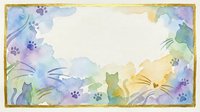Watercolor pet frame with colorful paw prints and cat silhouettes on white background. Decorative border for animal lovers, veterinary clinics, pet stores.