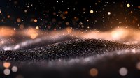 Glittering black sand with golden bokeh lights creates magical atmosphere against dark background, macro photography with shallow depth of field.