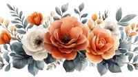 Watercolor floral arrangement with coral roses and white anemones, dusty blue leaves and foliage creating elegant border composition for wedding design.