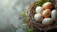 Speckled eggs nestled in natural bird nest with fresh green leaves on rustic wooden surface for Easter spring decoration and organic farm concepts.