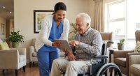 African American female healthcare worker in blue scrubs showing tablet to elderly Caucasian male patient in wheelchair at modern assisted living facility.