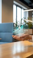 Businessman hands displaying holographic growth chart with efficiency and optimization icons in modern office environment for business analytics presentations.