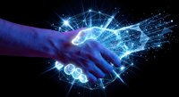 Digital handshake with glowing network connections and data streams representing business partnership, technology collaboration and futuristic communication.