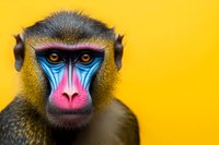 Colorful mandrill primate face close up portrait with vibrant blue and pink facial features against bright yellow background, showcasing exotic wildlife nature.