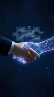 Business handshake with digital network connection and data analytics charts representing partnership in technology and artificial intelligence innovation.