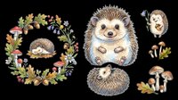 Cute hedgehog character with autumn wreath and forest elements isolated on transparent background, ready for t-shirt design, clipart, stickers, sublimation and print-on-demand projects.