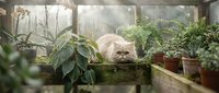 Orange Persian cat resting among lush green plants in sunlit greenhouse. Fluffy feline surrounded by tropical foliage and terracotta pots creates serene garden atmosphere.