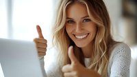 Young blonde woman in white sweater showing thumbs up with bright smile expressing positivity and approval in modern bright interior.