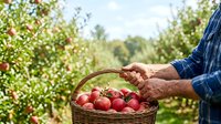 Farmer holding basket of fresh red apples in orchard during harvest season, agricultural produce and farming concept for food industry and agriculture marketing.