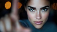 Close up portrait of young Mediterranean woman with striking blue eyes and defined eyebrows against dark background with bokeh lights, expressing confidence and mystery.