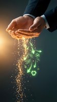 Businessman hands protecting falling green eco symbols with glowing particles representing environmental responsibility and sustainable business practices.