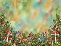 Enchanted forest floor with whimsical mushrooms, ferns, and wildflowers against a soft watercolor sky in warm and cool tones. Suitable for children's book illustrations, nursery decor, and fantasy-themed designs.