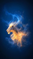 Majestic lion head formed by glowing energy streams in blue and gold colors against dark background, with magical particle effects and flowing mane-like wisps.