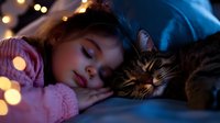 Young girl in pink sweater sleeping peacefully next to tabby cat on blue bedding, soft bokeh lights creating cozy evening atmosphere, tender childhood moment.