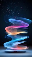 Luminous spiral energy flow in blue, pink and orange colors against dark background with glowing particles creates magical atmospheric effect.