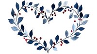 Navy blue watercolor heart-shaped wreath with red berries and delicate leaves on white background, romantic floral design for wedding invitations and valentines.