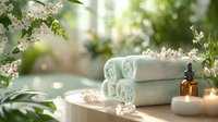 Tranquil spa composition with rolled towels, essential oil bottle and candles surrounded by delicate white flowers and soft bokeh lighting. Wellness and relaxation concept.