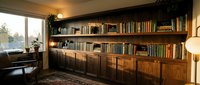 Cozy home library interior with wooden built-in bookshelves filled with books, warm lighting, leather chair and large window creating reading atmosphere.
