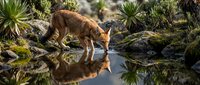 Red fox drinking water from natural pool with perfect reflection surrounded by desert vegetation and rocky landscape in wilderness habitat.