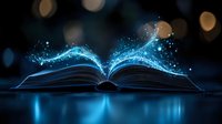 Open book with glowing blue magical light trails and sparkles emerging from pages against dark background with bokeh effect.