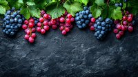 Fresh red currants and dark blue grapes with green leaves arranged on black stone background. Natural border composition for food photography and design.