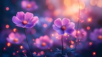 Dreamy purple cosmos flowers against dark background with magical glowing bokeh lights and sparkles creating ethereal garden atmosphere at dusk.