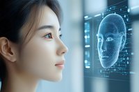 Asian woman in profile view looking at digital facial recognition interface with wireframe face model for biometric security technology.