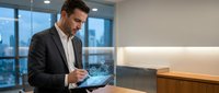 Caucasian male professional in dark business suit and white shirt working on digital tablet with holographic data visualization in modern high-rise office with city skyline view.