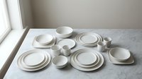 Modern white ceramic dinnerware set with plates, bowls and cups arranged on marble surface near window for elegant dining and kitchen photography.