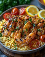 Grilled jumbo shrimp served over orzo pasta with cherry tomatoes, fresh herbs, and lemon slices in rustic ceramic bowl, close-up view showing charred texture and garnish.