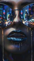 Surreal urban night scene reflected in sunglasses with metallic blue lips dripping liquid, cityscape lights and buildings visible through lens against dark background.