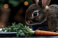 Adorable brown bunny wearing bow tie sniffing fresh herbs and vegetables on dark background with bokeh lights, close-up portrait of domestic rabbit.