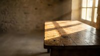 Wooden table with warm sunlight streaming through window in empty rustic interior space, suitable for product placement and design backgrounds.