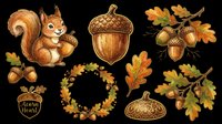 Autumn squirrel, acorns, and oak leaves isolated on transparent background, ready for t-shirt design, clipart, stickers, sublimation, and print-on-demand projects.