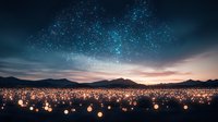 Glowing lanterns illuminate vast field against mountain silhouettes at dusk, with sparkling stars scattered across dark blue sky creating magical atmosphere.