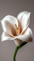 White lily bloom with golden stamens and delicate water droplets on petals against neutral background, showcasing pure elegance and natural grace.