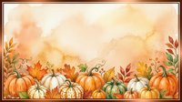 Autumn harvest border with orange and white pumpkins, fall leaves and decorative vines on warm watercolor background for seasonal designs.