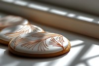 Freshly baked sugar cookies with elegant swirled white frosting and copper-colored decorative patterns cast dramatic shadows in natural window light.