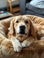 Adorable Golden Retriever dog lying comfortably in round plush bed, looking directly at camera with gentle expression. Close up portrait showing soft fur and expressive eyes.