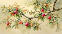 Lush apple tree branch with ripe red fruits against soft beige background, showcasing botanical detail and natural harvest abundance.