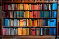 Colorful vintage books arranged by color spectrum on wooden library shelves creating rainbow pattern, nostalgic academic atmosphere for education and literature.