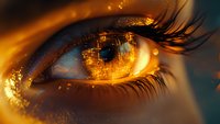 Macro shot of golden human eye with digital circuit reflection in iris, long eyelashes and glowing light effects creating futuristic cyberpunk atmosphere.