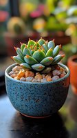 Succulent plant with red-tipped green leaves in blue ceramic pot with decorative stones, shallow depth of field creates soft bokeh background effect.
