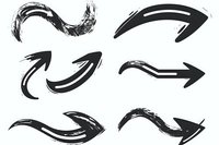 Black brush stroke arrows on white background, grunge style directional indicators with dynamic curved and straight shapes. Isolated elements for graphic design.