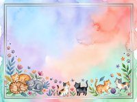 Watercolor frame with cute cats and floral elements on pastel gradient background for greeting cards, invitations and decorative projects.