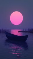 Tranquil lake scene with wooden boat under large pink moon, reflecting on calm waters amid silhouetted reeds, creating serene purple twilight atmosphere.